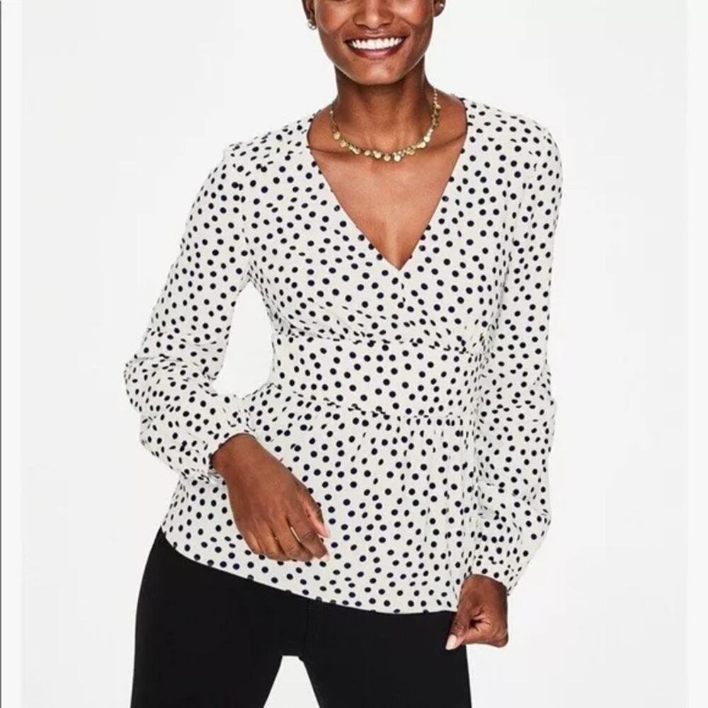 Boden Elsie Spotted Blouse White Navy Polka Dot Long Sleeve Viscose Womens 6 Reg